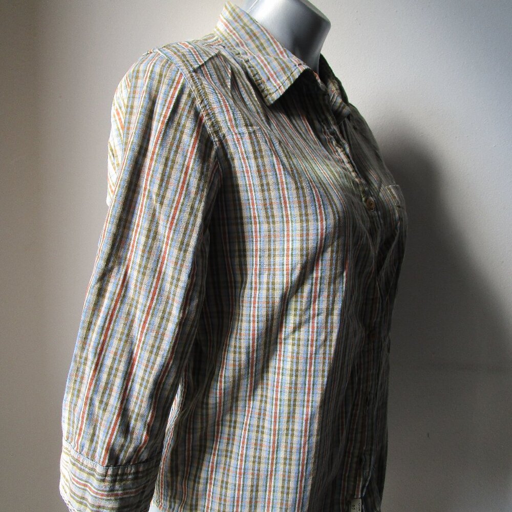 Vtg button up shirt, Medium green orange plaid, Route 66, 100% Cotton 3/4 sleeve
